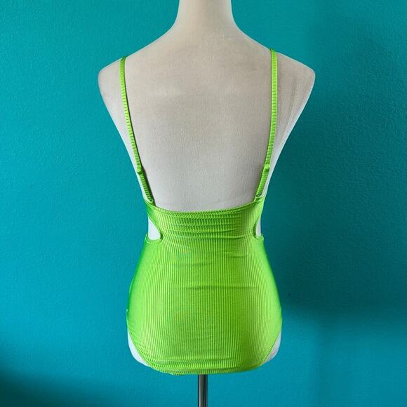 NWT Aerie Shine Rib Voop Cheeky One Piece Swimsuit Harlequin Green Cut Out Sz XS - Picture 5 of 7
